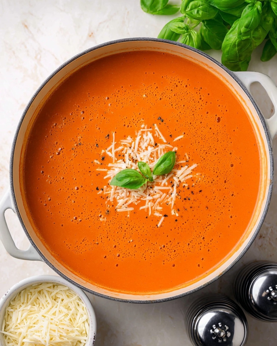 A large round white pot filled with smooth, creamy tomato soup that has a bright orange-red color and a slightly foamy texture on the surface. The soup is topped with small scattered pieces of white shredded cheese, a pinch of ground black pepper in the center, and two fresh green basil leaves on one side near the middle. There are fresh basil leaves positioned above the pot on a white marbled background, and a small white bowl filled with more shredded white cheese sits below the pot. Two black and clear pepper and salt grinders are placed to the right at the bottom. photo taken with an iphone --ar 4:5 --v 7