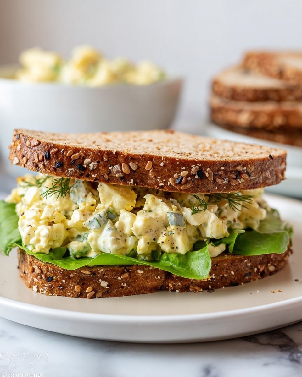 The image shows a sandwich made with two slices of brown seeded bread, with visible sesame and black seeds on the crust. Inside, there is a layer of fresh green leafy lettuce at the bottom, topped by a thick layer of creamy egg salad mixed with herbs and small pieces of egg white, speckled with black pepper and dill. The sandwich is placed on a white plate with a white marbled surface underneath. In the background, a white bowl with more egg salad and slices of bread stacked can be seen softly blurred. Photo taken with an iphone --ar 4:5 --v 7