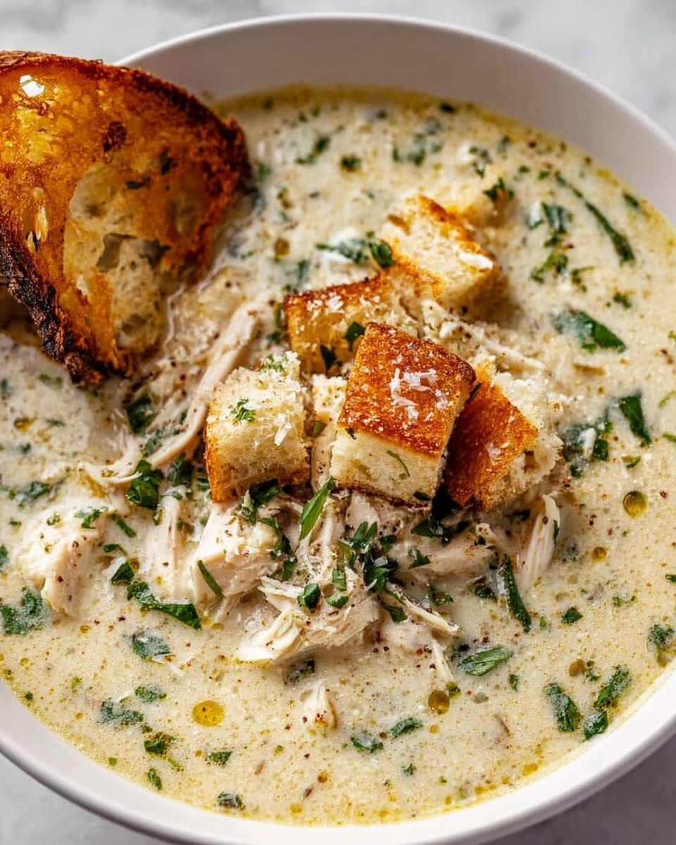 A white bowl filled with creamy chicken soup that has a thick, light beige base mixed with small green herb bits all over. On top, there are shredded pieces of white chicken, with golden brown toasted croutons that show a contrasting rough texture. Near the edge of the bowl, a piece of toasted bread with a crisp, browned crust rests partially dipped in the soup. The soup surface has visible oil drops and finely chopped green herbs scattered throughout, creating a fresh and rich look, all set on a white marbled texture. Photo taken with an iphone --ar 4:5 --v 7