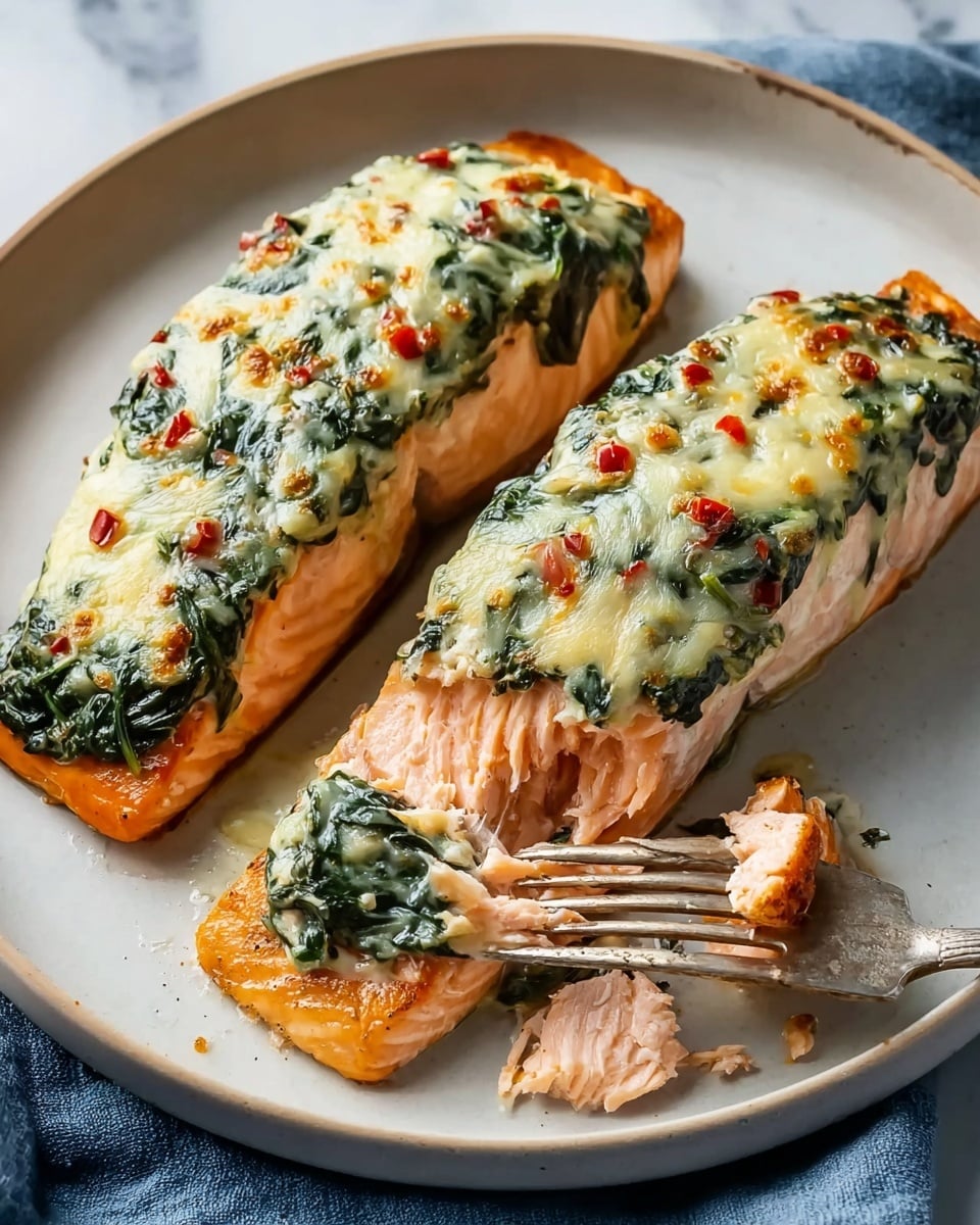 Two thick salmon fillets lay side by side on a white plate, each topped with a thick layer of creamy spinach and melted cheese that has light browned spots, with small red pepper pieces mixed in. The salmon has a light orange-pink color with a slightly flaky texture, one fillet is partially cut with a fork holding a piece of the soft fish. The plate rests on a white marbled surface with a blue cloth partially visible under the plate's edge. Photo taken with an iphone --ar 4:5 --v 7