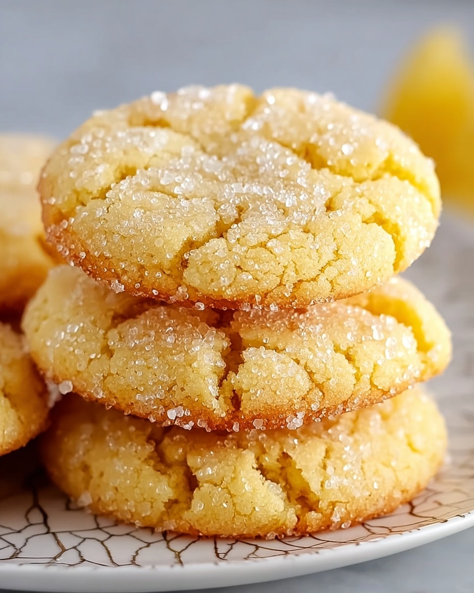 The image shows a close-up of a stack of three soft, round cookies with a cracked surface and a yellowish color. Each cookie is sprinkled heavily with large sugar crystals that add texture and sparkle, especially on the top and edges. The cookies have a slightly browned bottom crust that peeks out where they overlap. They rest on a white plate with subtle gray crackle patterns, and the background is a white marbled surface that softly blurs out, giving focus to the cookies. Photo taken with an iphone --ar 4:5 --v 7