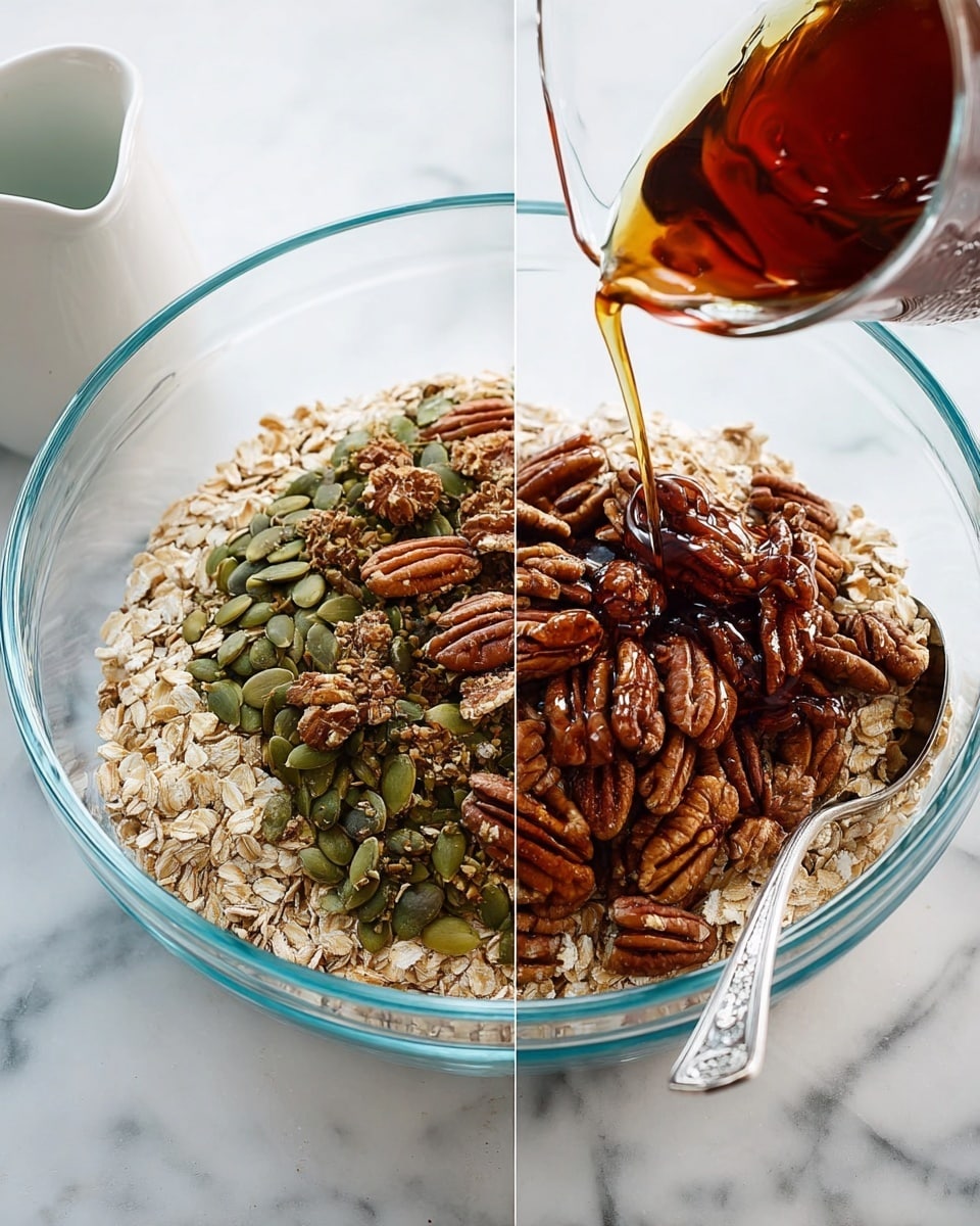 A clear glass bowl sits on a white marbled surface, filled with three layers of ingredients: the bottom layer is light beige rolled oats, the middle layer consists of green pumpkin seeds mixed with oats, and the top layer is a generous pile of brown, textured pecan halves scattered over the seeds and oats. A silver spoon with a detailed handle rests inside the bowl on the right side, and a stream of dark amber syrup is being poured into the bowl, creating a shiny, glossy contrast against the matte oats and nuts. Nearby, a small white pitcher and a clear glass of water are partially visible. Photo taken with an iphone --ar 4:5 --v 7