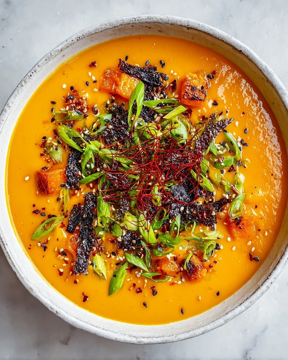 A white bowl filled with a smooth, bright orange soup as the base layer. On top, there are small chunks of roasted orange vegetables along with pieces of dark, crispy seaweed-like strips spread unevenly. Thin red chili threads are scattered across the center, adding texture. Bright green sliced scallions and chopped herbs are sprinkled over the top, with a final sprinkle of sesame seeds and small black and red seasoning flakes. The bowl sits on a white marbled surface. photo taken with an iphone --ar 4:5 --v 7