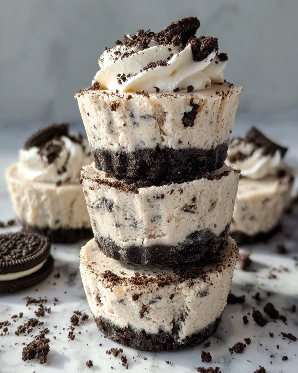 The image shows a stack of three cookies and cream mini cheesecakes placed on a white marbled surface. Each cheesecake has three layers: the bottom layer is a dark chocolate cookie base, the middle layer is a thick light cream with visible small cookie crumbs mixed in, and the top layer is a fluffy white whipped cream sprinkled with crushed dark cookie bits. The cheesecakes have a slightly textured surface, and scattered cookie crumbs surround the stack adding to the casual look. Photo taken with an iphone --ar 4:5 --v 7