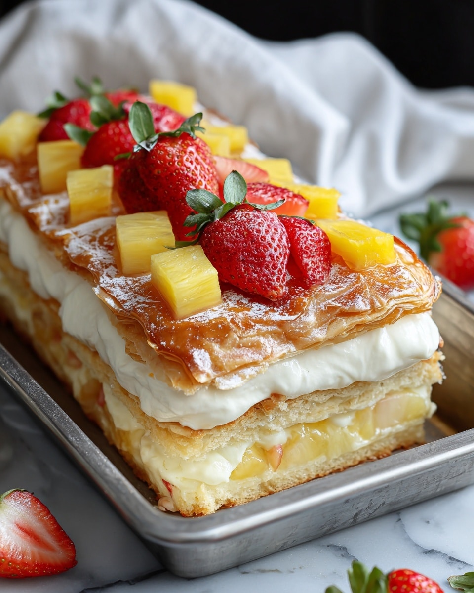 A three-layer dessert sits in a rectangular metal tray on a white marbled surface. The bottom layer is a soft, golden-brown cake with pieces of light-colored fruit embedded inside. The middle layer is a thick, smooth white cream spread evenly over the cake. The top layer is a flaky, golden pastry with a shiny glazed surface, sprinkled lightly with powdered sugar. On top of the pastry, there are fresh red strawberries with green leaves and bright yellow pineapple chunks placed attractively in a row. A white cloth is softly folded in the background. Photo taken with an iphone --ar 4:5 --v 7