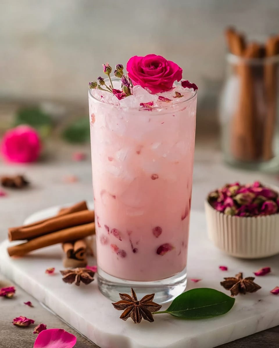 A tall clear glass holds a pink creamy drink filled with ice cubes and small red rose petals scattered inside. The drink has two layers: the bottom is a thicker pink with visible tiny pearls, while the top is lighter pink with ice floating. On top sits a bright pink rose flower along with small green leaves and tiny dark purple buds as garnish. The glass is placed on a white marble tray scattered with rose petals, star anise, and a green leaf. To the side, tied cinnamon sticks and a white ramekin with dried rose petals add to the scene. The background is softly blurred. Photo taken with an iphone --ar 4:5 --v 7