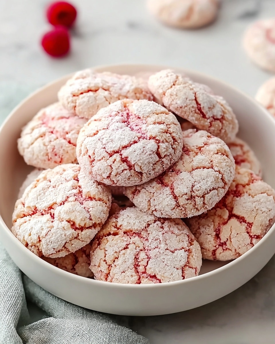 A white bowl filled with about fifteen round cookies, each about two inches in diameter. The cookies have a cracked top layer with a light pinkish-red color visible through the cracks and are coated in a fine layer of white sugar crystals, giving them a sparkly texture. The bowl is placed on a white marbled surface, with part of a light gray cloth visible on the left side and a single raspberry blurred in the upper left background. The cookies are stacked slightly unevenly, showing soft edges and a slightly rough texture. photo taken with an iphone --ar 4:5 --v 7