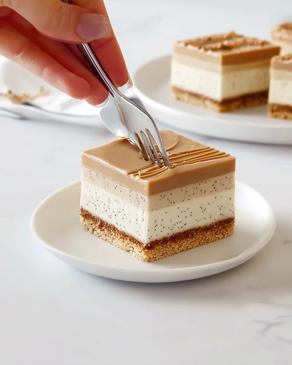 A square dessert with three clear layers sits on a white plate over a white marbled surface. The bottom layer is a crumbly light brown crust. The middle layer is a thick, creamy white filling with tiny black specks spread evenly throughout. The top layer is a smooth, glossy light brown glaze that covers the whole dessert. A woman's hand holding a fork is about to cut into the top layer of the dessert. In the background, there is another white plate with two similar square pieces of the same dessert. photo taken with an iphone --ar 4:5 --v 7