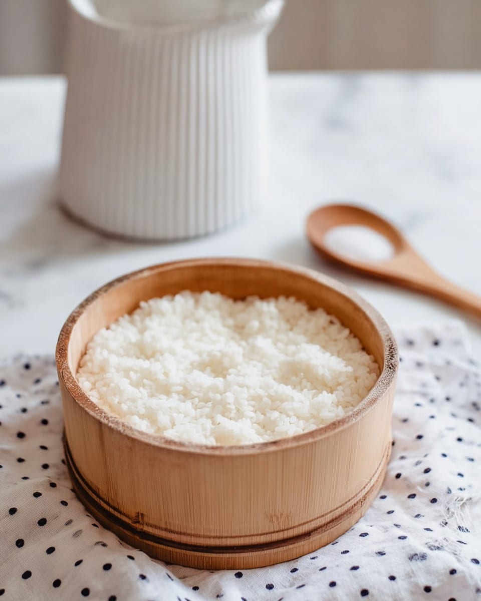 A round wooden container is filled with soft, white rice arranged in small, even clumps covering the entire surface inside. In the background, a white ceramic jug with vertical ribbed texture and a white spoon resting against it sit on a white marbled surface with a white cloth featuring dark polka dots under the container. The setting gives a clean, simple, and natural feel. Photo taken with an iphone --ar 4:5 --v 7