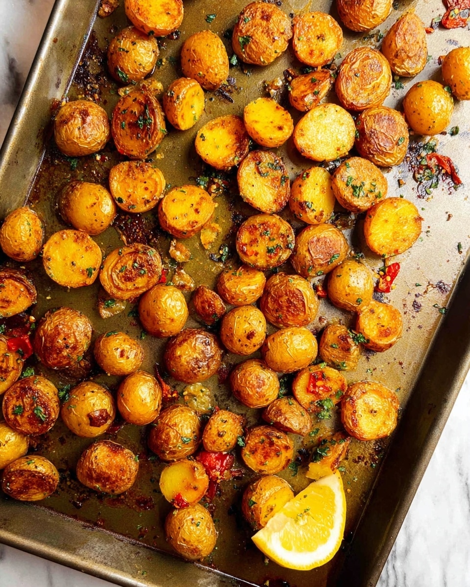 A metal baking tray is filled with many small roasted baby potatoes, mostly halved showing golden-orange cooked insides, and some whole with crispy, slightly wrinkled golden-brown skin; specks of green herbs and tiny bits of red pepper are scattered on the potatoes adding color and texture, with a small wedge of lemon placed near the bottom right of the tray. The tray sits on a white marbled surface. photo taken with an iphone --ar 4:5 --v 7