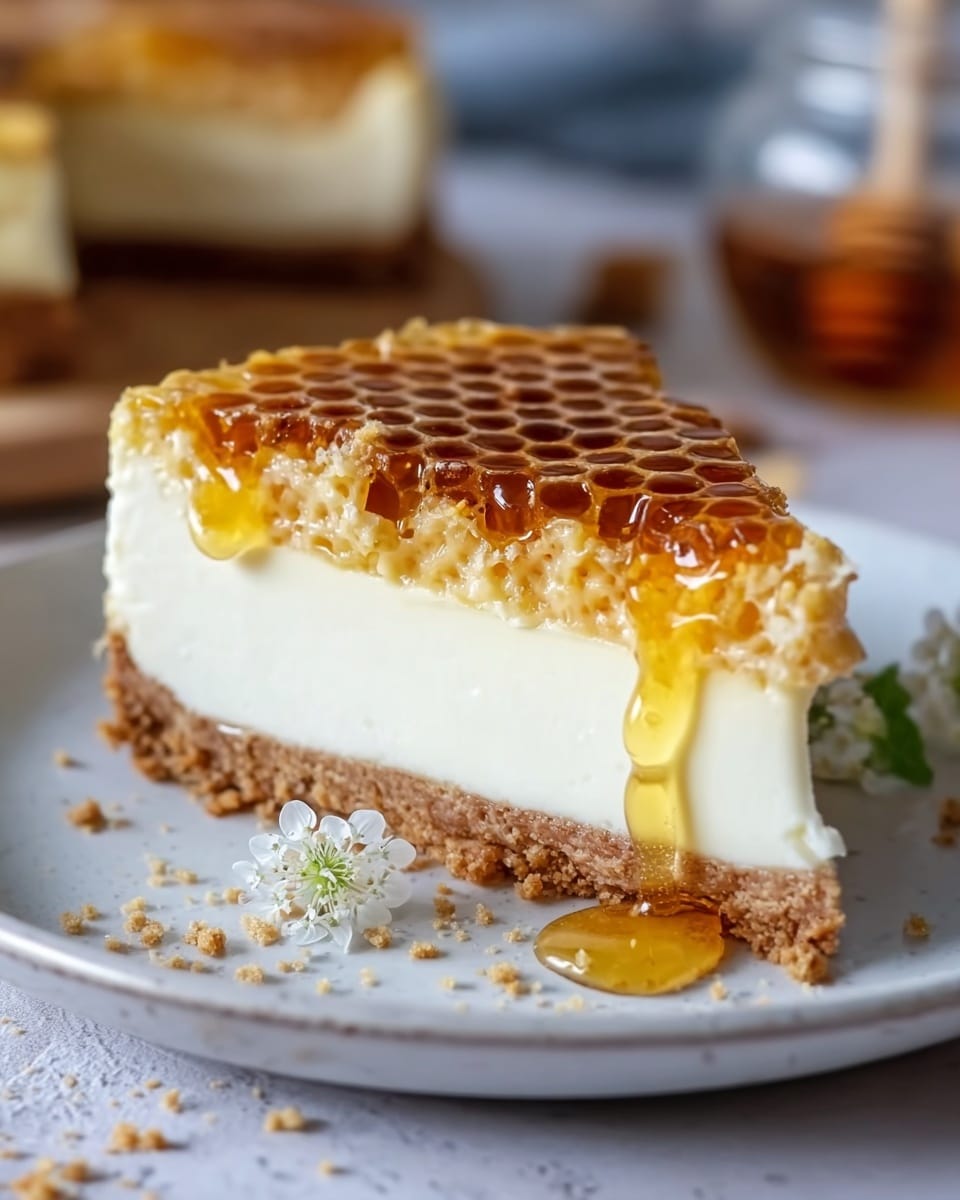 A close-up image of a single slice of layered cheesecake on a white plate, featuring three visible layers: the bottom layer is a crumbly, light brown crust, the middle layer is a creamy, smooth white cheesecake filling, and the top layer is a golden brown honeycomb pattern with translucent honey dripping slightly over the edges. The plate sits on a white marbled surface, and some crumbs and a small white flower decoration are visible next to the slice. The background is softly blurred, highlighting the detailed texture of the cheesecake slice. Photo taken with an iphone --ar 4:5 --v 7