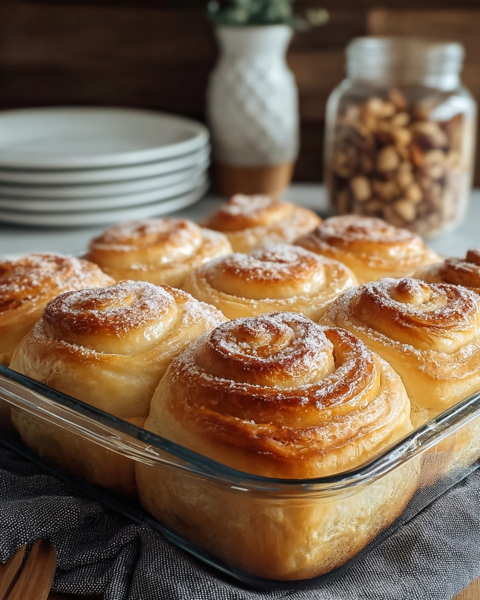 The image shows six golden-brown spiral rolls arranged closely in a clear glass square dish. Each roll has multiple flaky layers visible, with a shiny, slightly crusty top sprinkled lightly with powdered sugar. The rolls have a smooth, soft texture with swirled tops that rise gently, sitting on a dark cloth over a white marbled surface. In the background, there are stacks of white plates and a jar filled with nuts, all softly blurred to keep focus on the rolls. Photo taken with an iphone --ar 4:5 --v 7