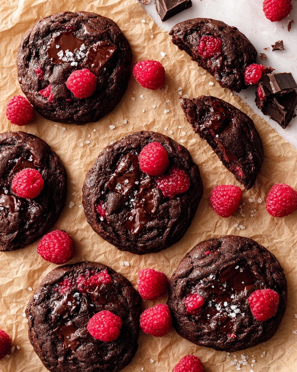 The image shows eight dark chocolate cookies spread on crumpled light brown parchment paper, placed on a white marbled surface. Each cookie is thick and round with a rough texture and large glossy dark chocolate chunks melted on top, some sprinkled with small flakes of sea salt. Bright red raspberries are either baked into the cookies or placed as fresh toppings on the cookies and around them. There are also a few pieces of broken dark chocolate scattered between the cookies, adding a sharp contrast in shape and color. One cookie in the top right corner is partially broken into two pieces, showing its soft inside with melted chocolate. photo taken with an iphone --ar 4:5 --v 7