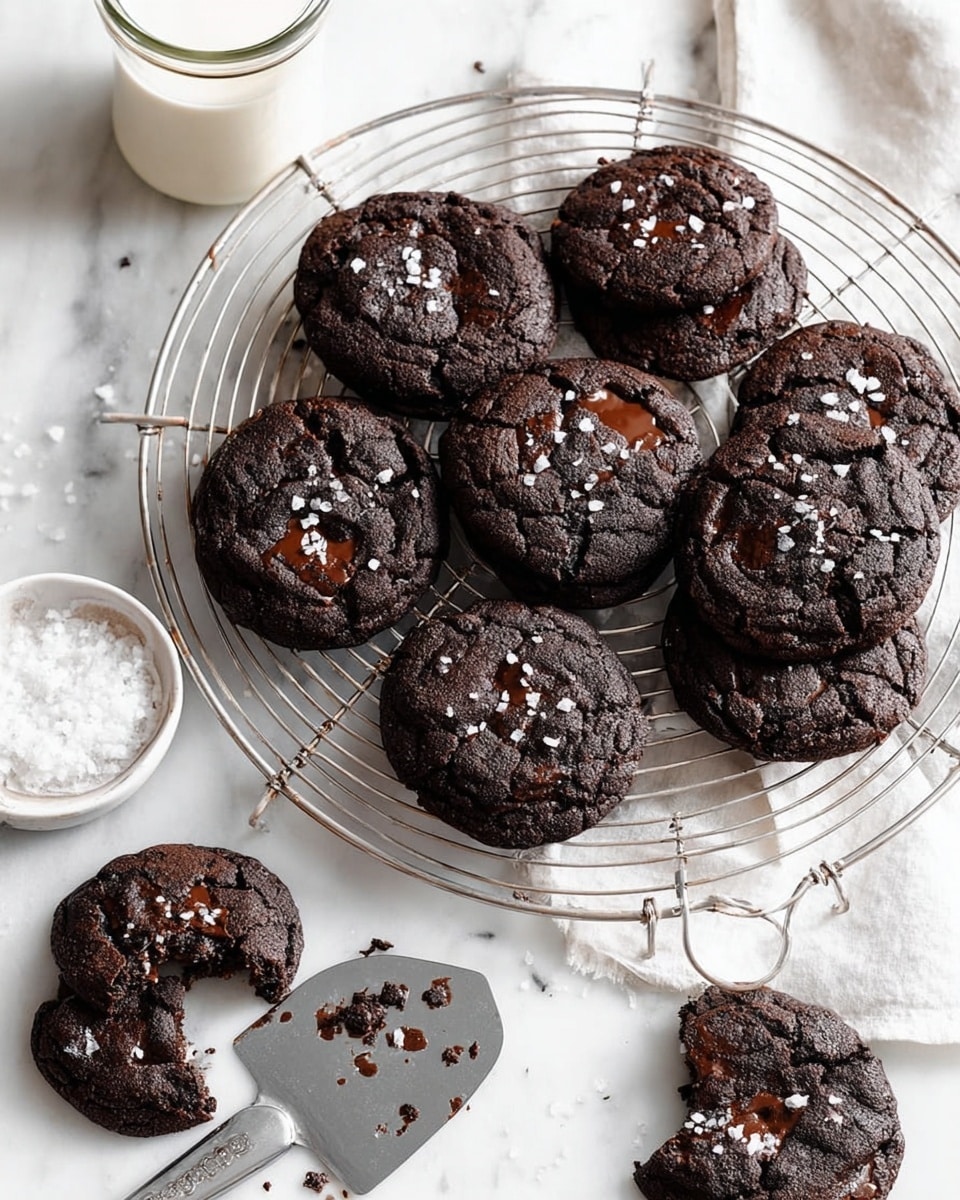 A white round cooling rack holds about ten dark, almost black chocolate cookies topped with small white flakes of sea salt, with some cookies showing melted chocolate oozing through cracks on the surface. One cookie is placed on a vintage silver spatula extending off the left side of the rack, while a few crumbs and a half-eaten cookie rest on a white marbled surface below and around the rack. In the top left corner, a tall glass of milk is partially visible, along with a small white bowl filled with more flaky salt near the bottom center. The cookies have a rough, cracked texture with shiny melted chocolate spots, and the overall scene looks bright and clean with the white marble background. Photo taken with an iphone --ar 4:5 --v 7