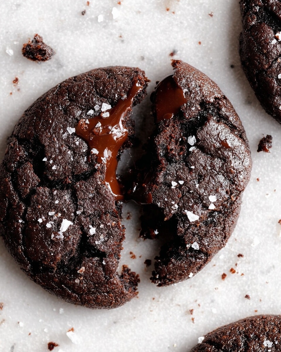 A close-up view of a dark, rich chocolate cookie broken in half, revealing melted chocolate oozing from the cracks. The cookie has a rough, slightly cracked surface sprinkled with small flakes of white sea salt, adding texture and contrast. There are small pieces of cookie crumbs scattered around on a white marbled textured surface. The overall look is dense and fudgy, highlighting the gooey chocolate inside. Photo taken with an iphone --ar 4:5 --v 7