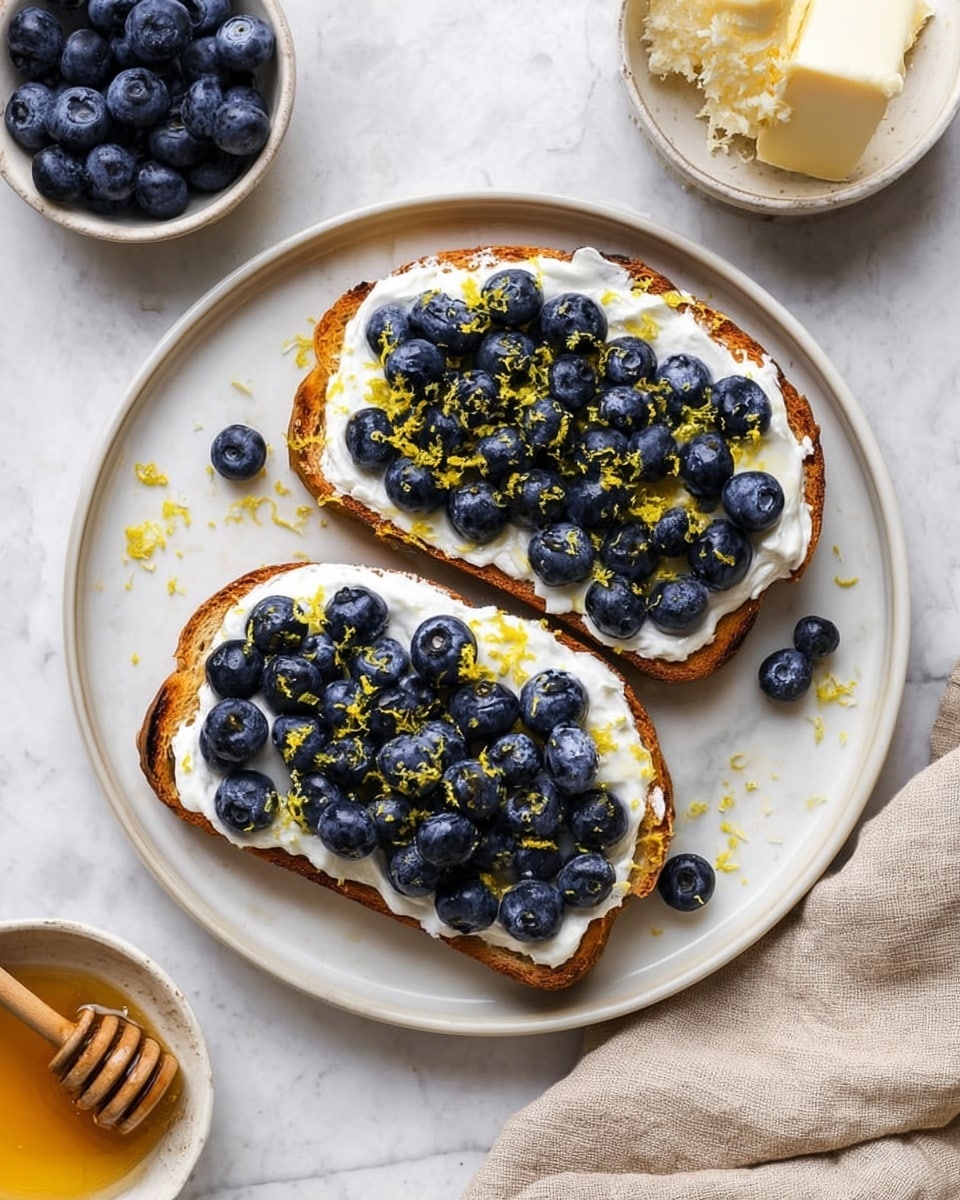 Two slices of toasted bread are placed side by side on a white plate, each topped with a thick layer of white creamy cheese. On top of the cheese is a generous amount of fresh dark blue blueberries scattered evenly. Bright yellow lemon zest is sprinkled over the blueberries, adding a pop of color. The plate sits on a white marbled surface, with a small bowl of cheese, a small bowl of honey next to a honey dipper, and another small bowl filled with more blueberries nearby. A beige cloth lies softly on the side. Photo taken with an iphone --ar 4:5 --v 7