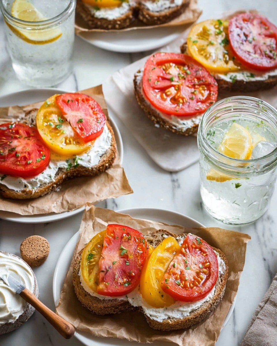 Four slices of whole grain bread are each topped with a thick spread of white cream cheese, scattered with small green herb bits. On top of the cheese, there are bright red and yellow tomato slices, showing juicy seeds and a fresh texture, some pieces overlapping each other. The bread slices rest on white plates lined with crinkled brown parchment paper, placed on a white marbled surface. Nearby, two clear glass mugs contain ice water with lemon slices, adding a fresh atmosphere. A wooden spreader with cream cheese is placed near the plates, and a white container with a cork lid is also present. Photo taken with an iphone --ar 4:5 --v 7