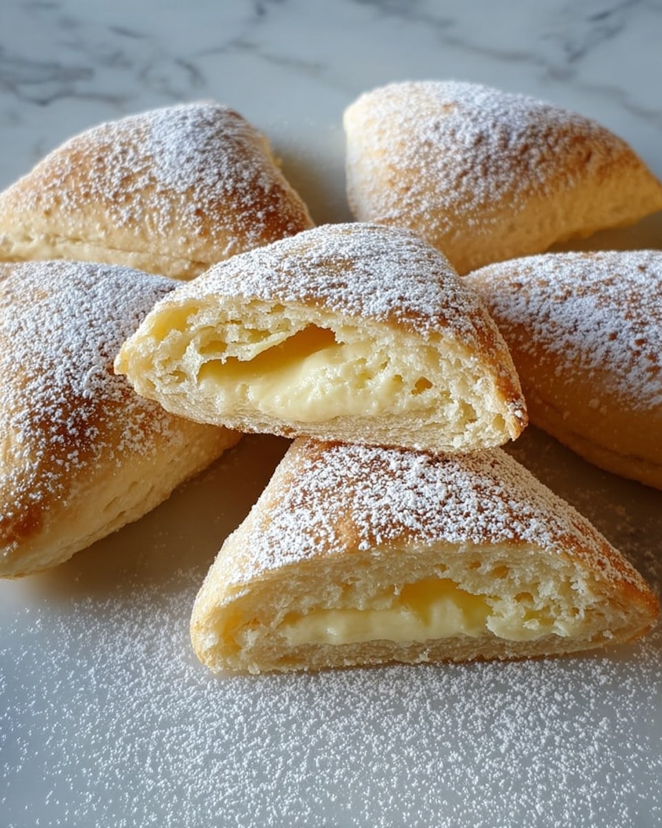 The image shows five soft, triangular pastries covered lightly with white powdered sugar, arranged on a white marbled surface. One pastry is cut in half and placed on top of another, showing a creamy, pale yellow filling inside a fluffy, slightly browned dough. The dough has a soft texture with small air pockets visible. The pastries have a light golden brown top with a smooth surface beneath the powdered sugar dusting. Photo taken with an iphone --ar 4:5 --v 7