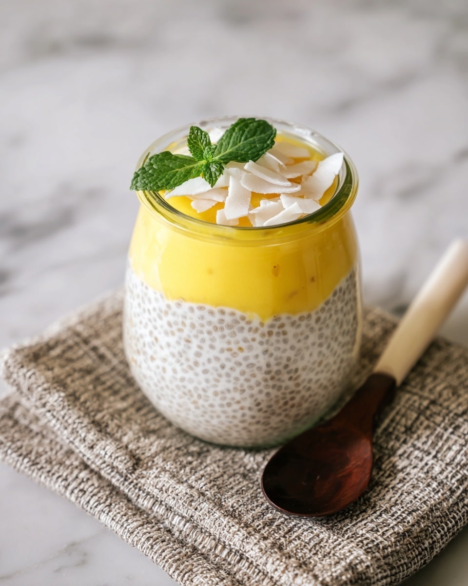 A clear glass jar contains a three-layered dessert with the bottom layer being creamy white chia pudding speckled with tiny chia seeds, the middle layer a smooth bright yellow mango puree, and the top layer repeating the white chia pudding. The dessert is garnished on top with white coconut flakes and a small fresh green mint sprig. The jar is placed on a textured beige and grey woven cloth on a white marbled surface, with a dark wooden spoon with a pale handle lying beside it. photo taken with an iphone --ar 4:5 --v 7