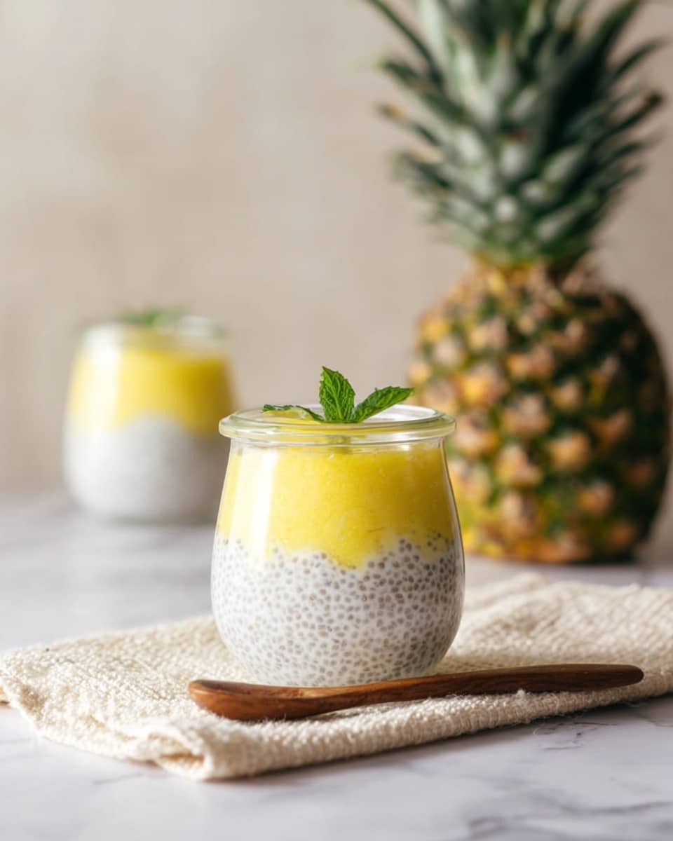 The image shows a small clear glass jar with three layers: the top and bottom layers are white chia pudding with tiny seeds, soft and creamy in texture, and the middle layer is a bright yellow smooth pineapple puree. The jar is topped with a small green mint leaf for decoration. The jar sits on a textured cream cloth on a white marbled surface, with a small wooden spoon placed in front. In the background, there is a whole fresh pineapple with green leaves and another similar jar slightly out of focus. Photo taken with an iphone --ar 4:5 --v 7