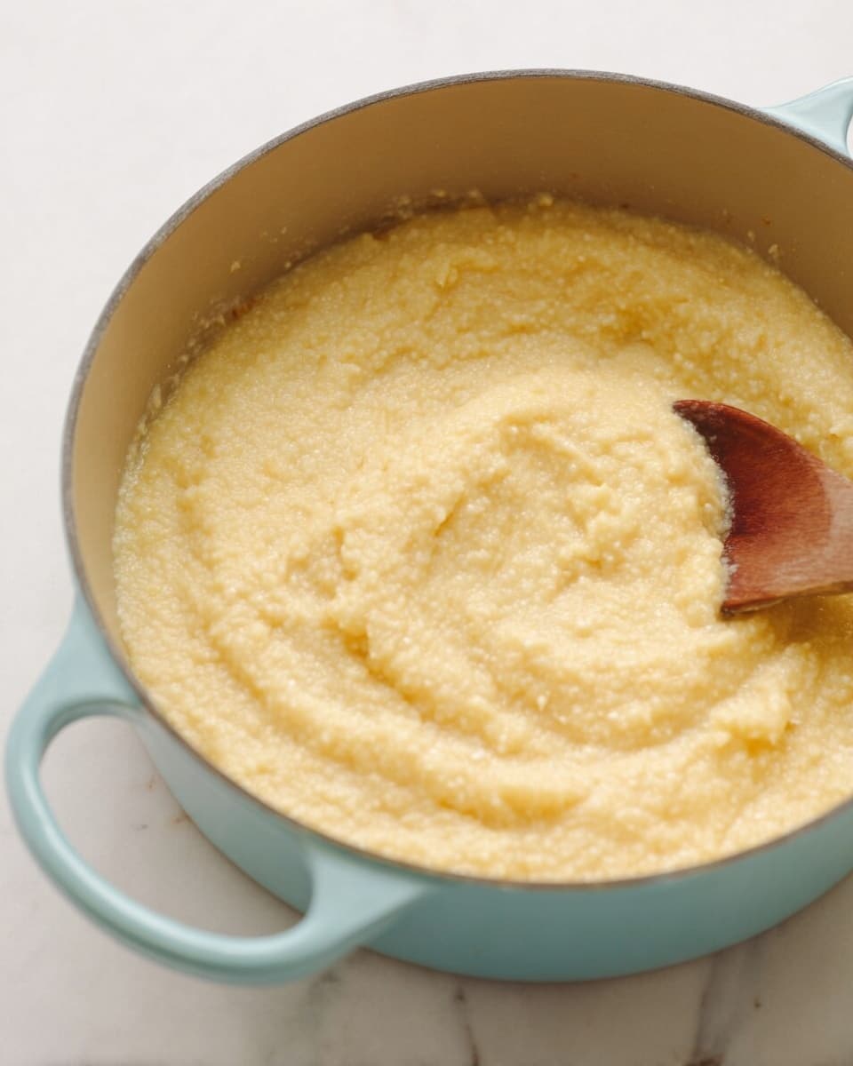 A close-up view of a light blue cooking pot filled with creamy, pale yellow polenta that has a grainy, smooth texture, almost covering the entire pot. On the right edge of the pot, a wooden spoon partially stirs the mixture. The pot is placed on a surface with a white marbled texture, creating a clean and bright background. photo taken with an iphone --ar 4:5 --v 7