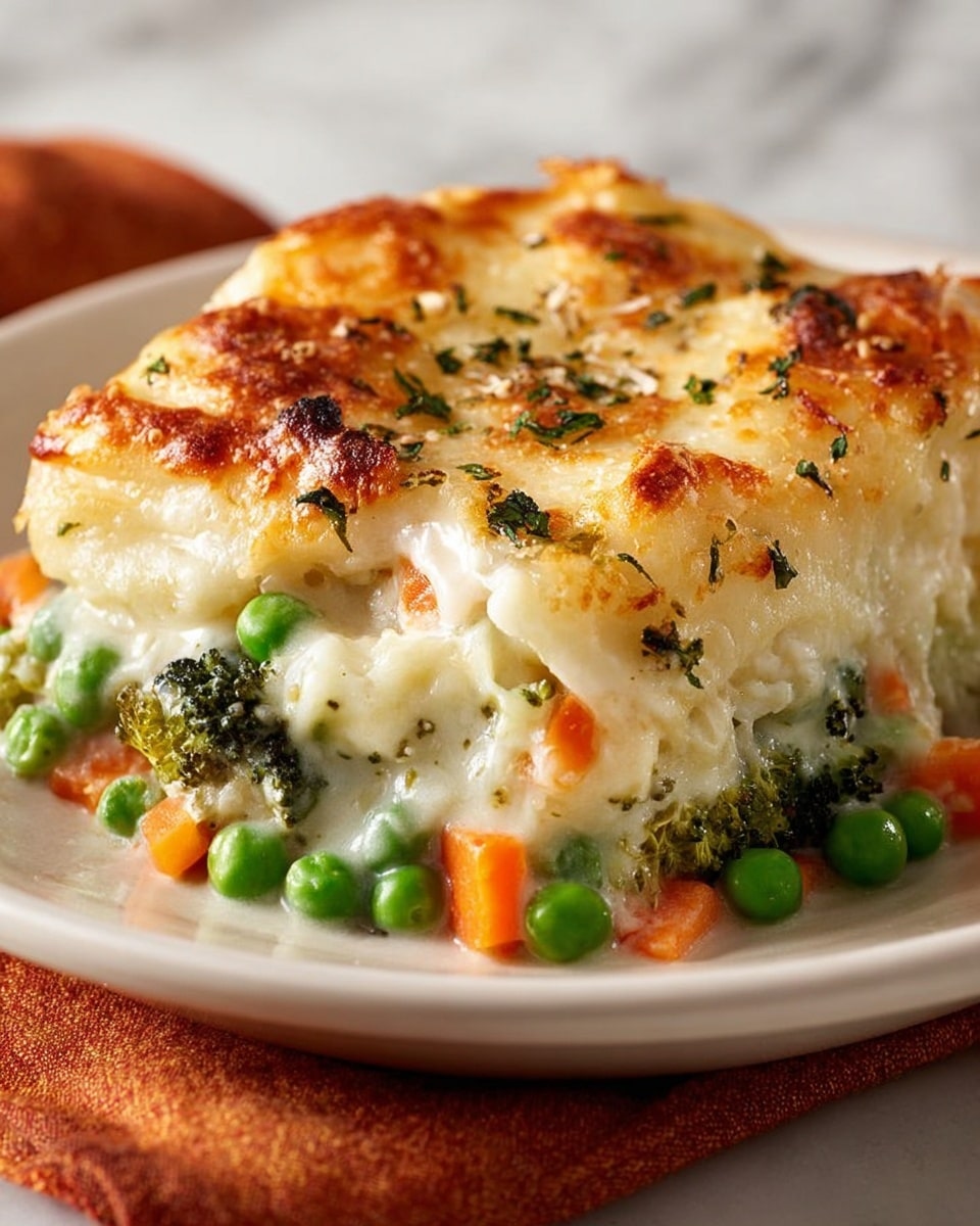 The image shows a large piece of creamy vegetable casserole on a white plate, sitting on a white marbled surface with an orange cloth partially visible. The dish has several layers: at the bottom, there are bright green peas mixed with small orange carrot pieces and dark green broccoli florets. Above the vegetables, there is a thick white cheese sauce that is smooth and rich, covering the veggies. The top layer is golden brown and crispy baked cheese with some darker toasted spots, adding texture. The casserole looks soft inside with visible herbs scattered throughout the cheese sauce, making it look flavorful and fresh. photo taken with an iphone --ar 4:5 --v 7