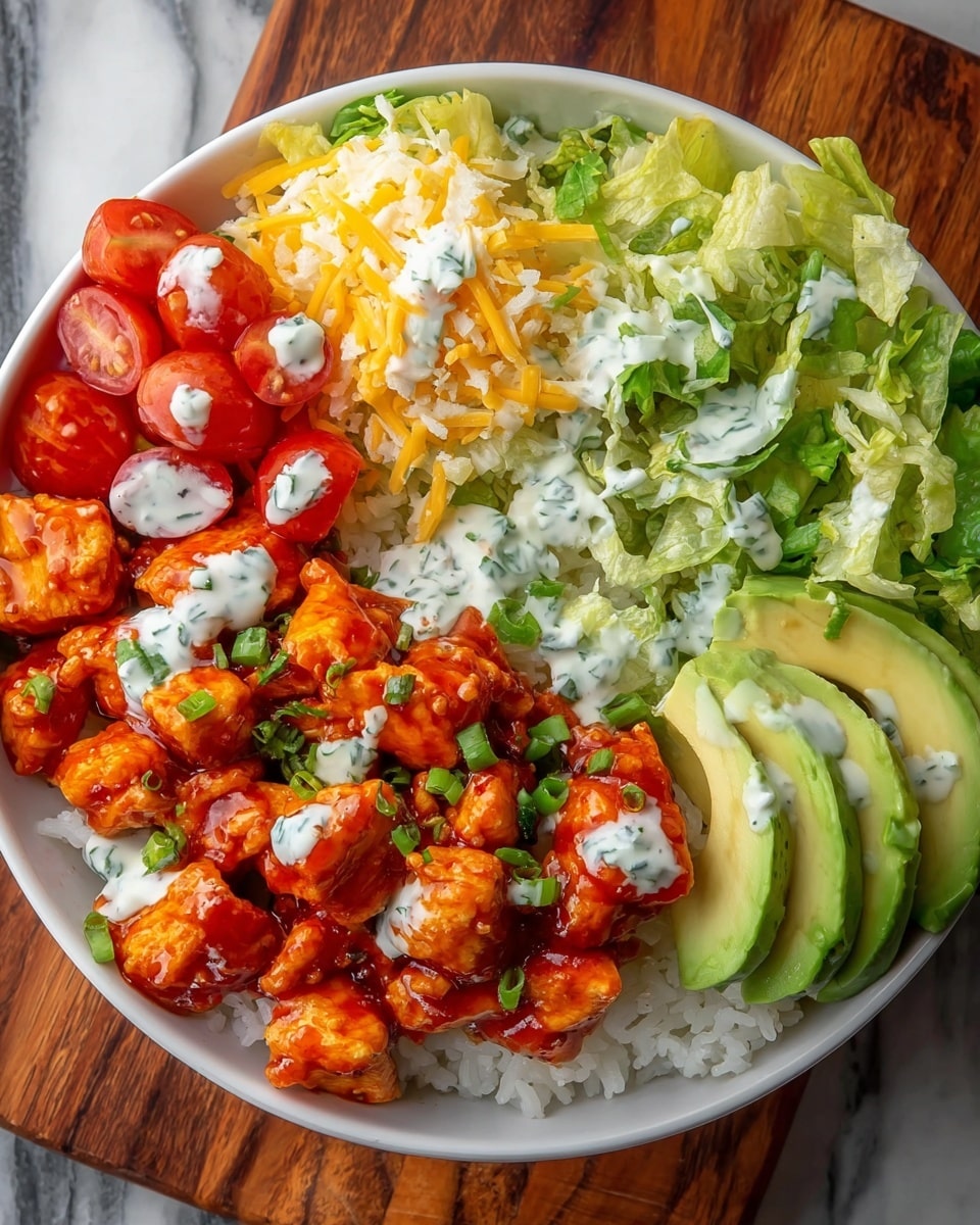 A white bowl filled with a colorful layered dish sits on a wooden board over a white marbled surface. The first layer at the bottom is white rice. On top of the rice, there is a layer of chopped green lettuce that fills most of the bowl. To the right, a fan of sliced avocado with smooth, light green flesh creates a curved shape. Bright red cherry tomatoes are halved and placed in a small group on the top left side. Next to the tomatoes, shredded yellow and white cheese adds a soft, fine texture. The center and lower right portion show chunks of cooked chicken covered in a shiny, orange-red sauce, scattered with small green onion slices. White ranch dressing with green herb spots is drizzled over the tomatoes, cheese, and chicken. The photo taken with an iphone --ar 4:5 --v 7