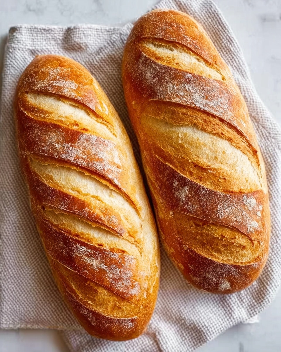 The image shows two golden brown loaves of bread placed side by side on a light cloth with a subtle checkered pattern. Each loaf has diagonal slashes on the top, revealing a lighter, soft inner texture against the crusty, shiny outer layer. The crust looks crisp and slightly glossy, with small scattered bits of flour. The setting is on a white marbled texture that adds a clean and bright background to the warm tones of the bread. photo taken with an iphone --ar 4:5 --v 7