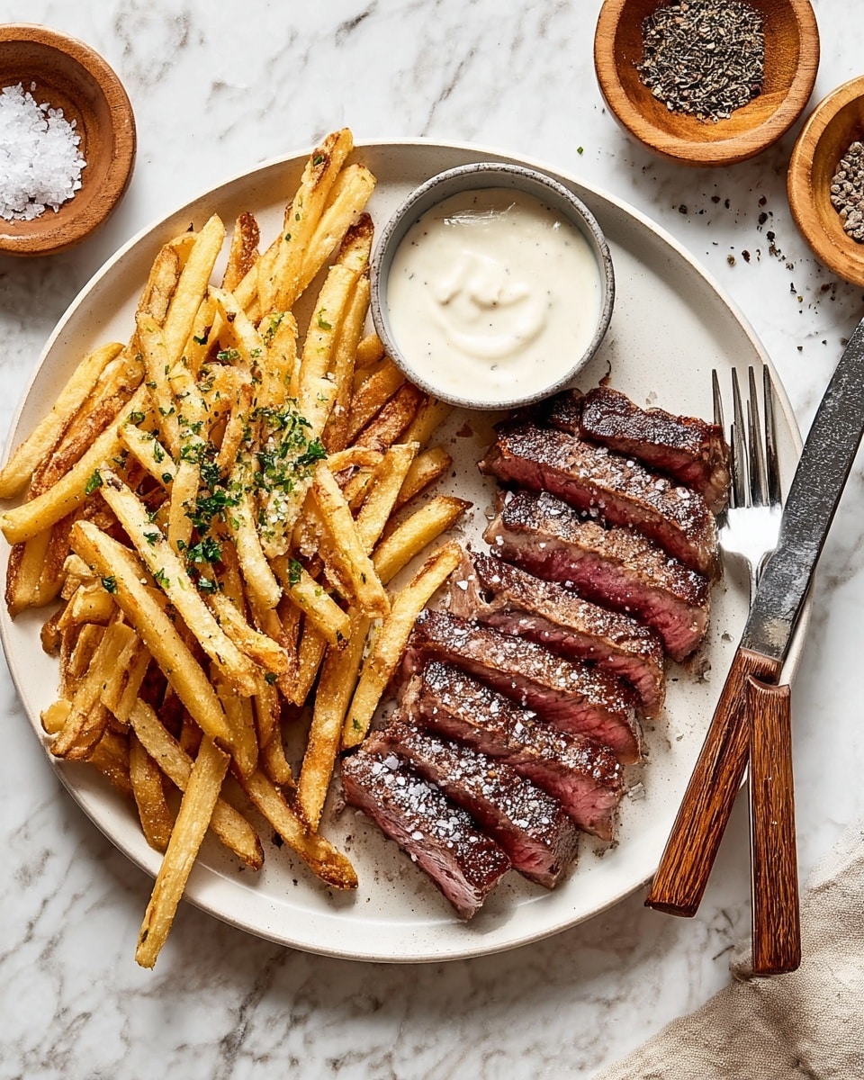 A white plate holds a meal of sliced steak and French fries. The steak is cut into about eight thick slices, showing a gradient of brown crust outside and pink inside, topped with coarse salt. Next to the steak, a pile of golden French fries is sprinkled with green herbs. In the middle of the fries and steak, there is a small round bowl filled with creamy white sauce. A fork and knife with wooden handles rest on the right edge of the plate. The whole scene is set on a white marbled surface with small wooden bowls containing black pepper and salt placed nearby. Photo taken with an iphone --ar 4:5 --v 7