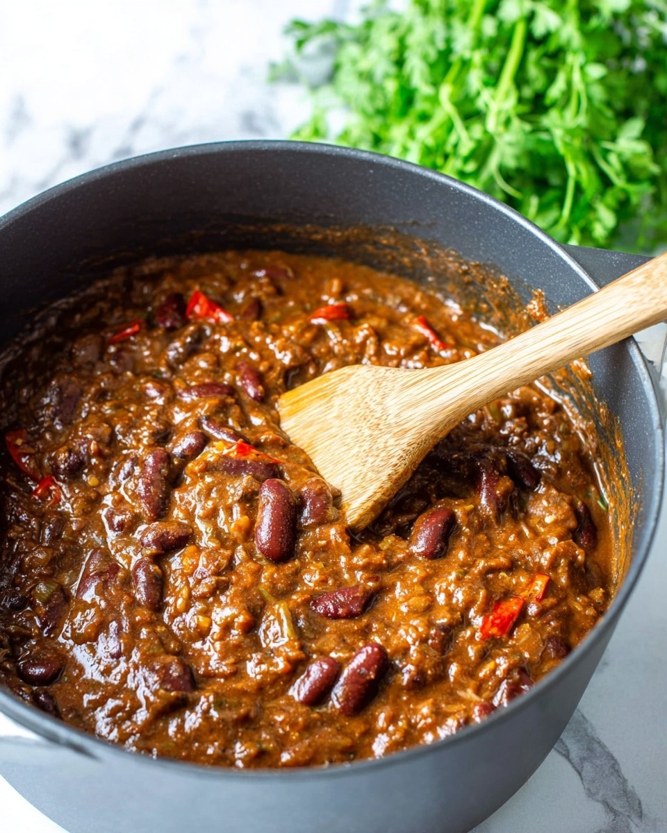 A close-up image of a black pot filled with thick chili that has a rich brown color mixed with red kidney beans and small bits of red chili slices and other ingredients. A wooden spatula is stirring the chili, coated with the sauce and parts of the beans, sitting roughly in the center of the pot. In the background, there is a bunch of fresh green herbs that add a pop of color, all set on a white marbled surface. photo taken with an iphone --ar 4:5 --v 7
