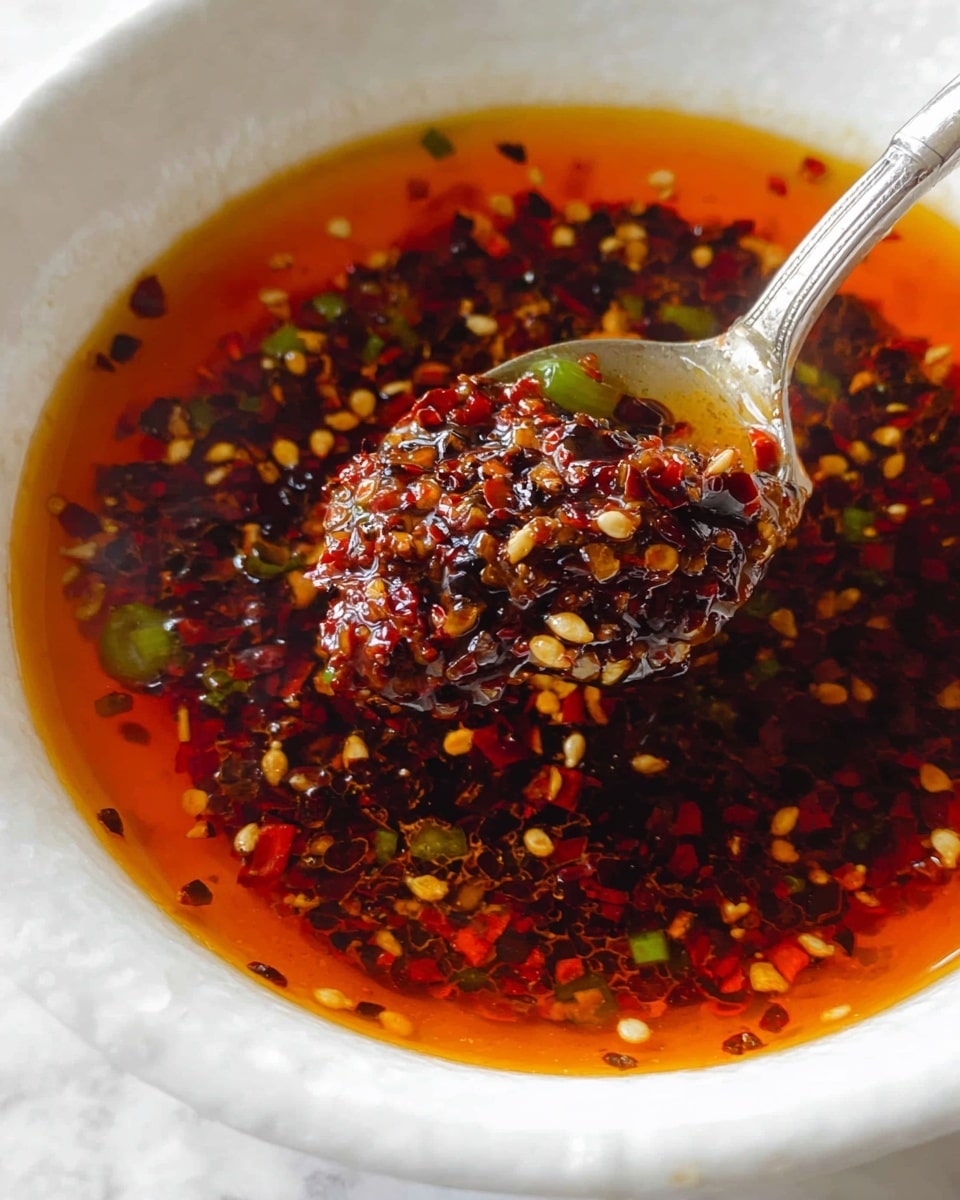 A close-up of a white bowl filled with chili oil sauce showing two clear layers: the bottom layer is bright orange-red oily liquid with a shiny surface, and the top layer is dense textured dark red chili flakes mixed with small light green chopped scallions and some small sesame seeds. A silver spoon is scooping up a portion of the chunky chili mixture from the bowl. The bowl is placed on a white marbled texture. photo taken with an iphone --ar 4:5 --v 7