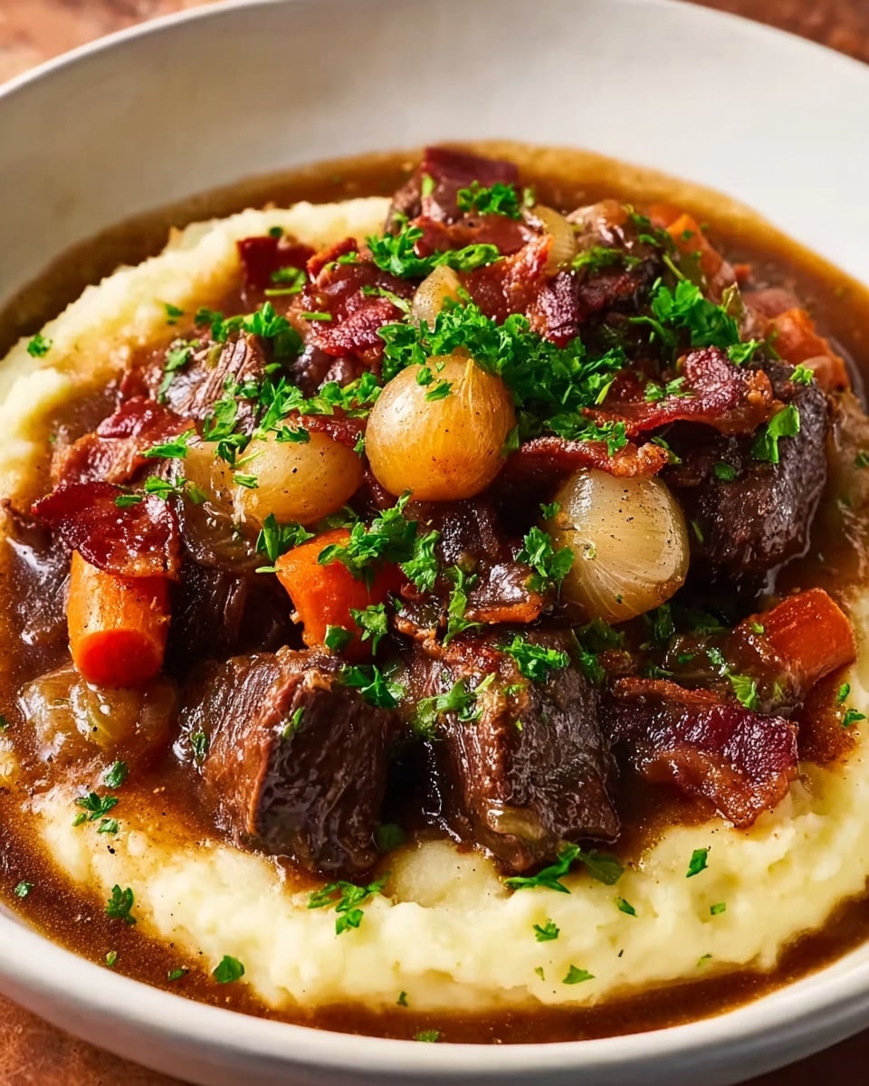 The dish is served in a white bowl with a white marbled surface underneath. At the base, there is a creamy, smooth layer of pale mashed potatoes, which is partially covered by a rich, dark brown stew. The stew contains thick chunks of tender beef with a slightly shiny, glazed texture. Scattered throughout are whole small pearl onions with a golden brown color and slight translucence. Bright orange baby carrots add a pop of color, along with pieces of crispy reddish-brown bacon. Fresh green parsley is sprinkled on top, adding a fresh, vibrant contrast to the rich stew and mash. Photo taken with an iphone --ar 4:5 --v 7
