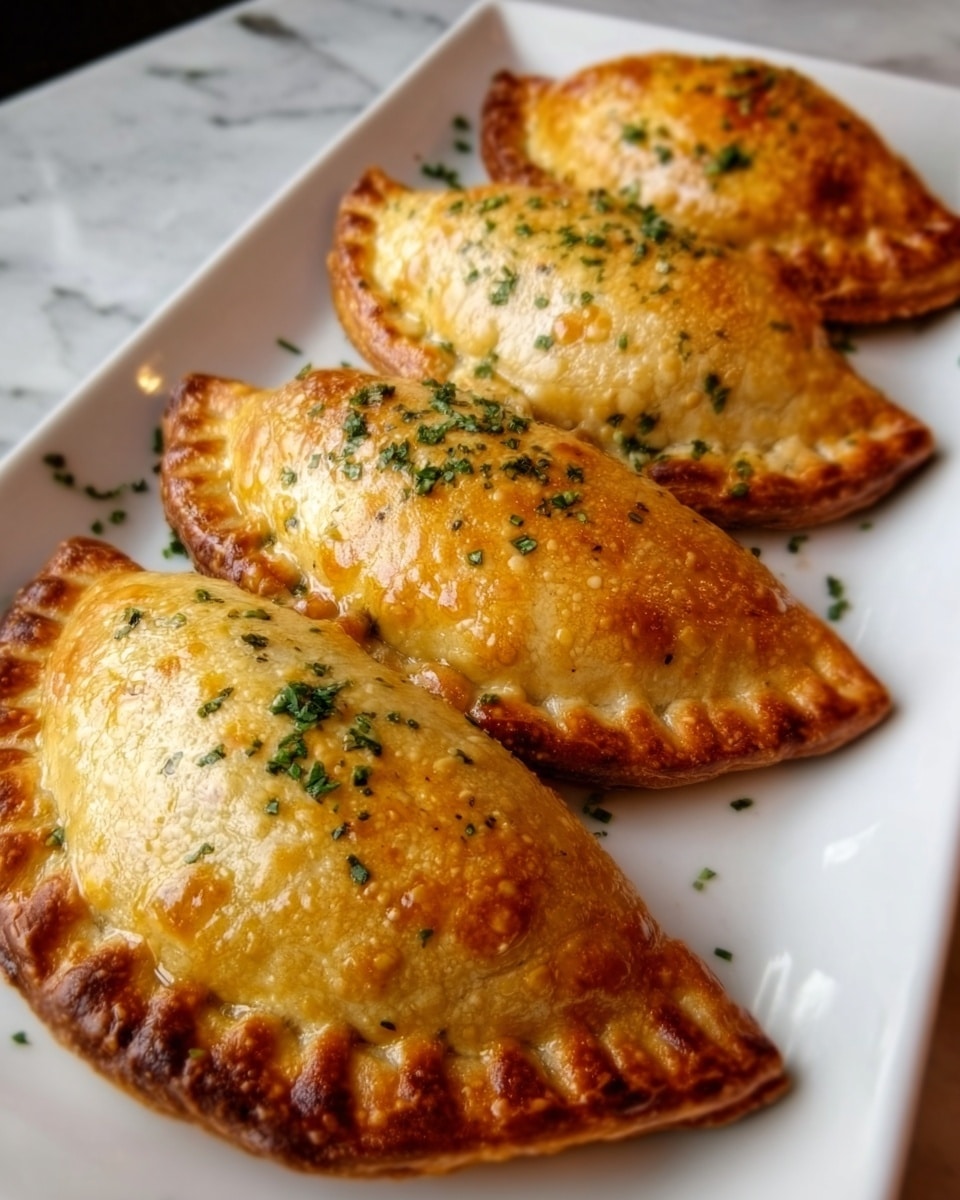 Four golden brown empanadas with crimped edges, arranged in a row on a long white plate. The empanadas show a slightly shiny, crispy crust with small green herb pieces sprinkled on top, adding color contrast. The plate rests on a white marbled surface. Photo taken with an iphone --ar 4:5 --v 7