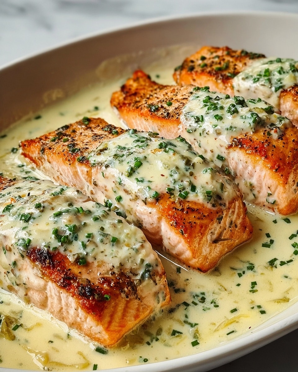 The image shows four thick pieces of cooked salmon fillet arranged closely in a white dish, each piece topped with a creamy white sauce that has a slightly melted, smooth texture and is sprinkled with finely chopped green herbs. The salmon itself has a light orange-pink color with charred, crispy edges and a slight flake texture visible. The creamy sauce pools a little in the dish around the salmon, with some of the finely chopped herbs also scattered in the sauce. The dish sits on a white marbled surface. photo taken with an iphone --ar 4:5 --v 7