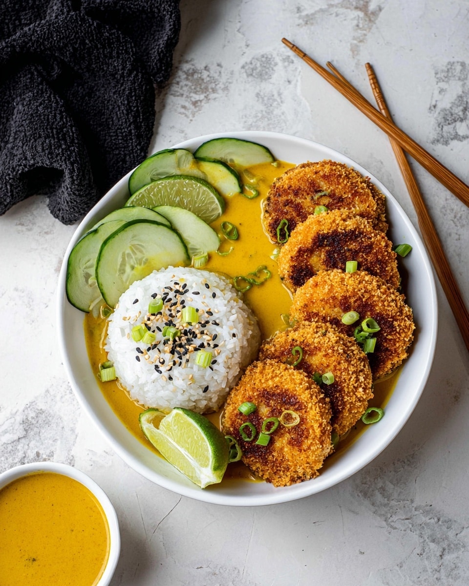 A white bowl shows a meal with five golden-brown crispy fried patties arranged in a row on the right side, sitting on a yellow curry sauce. On the left side of the bowl, there is a neat mound of white rice sprinkled with black sesame seeds and small green onion slices. Next to the rice, there are thinly sliced cucumber pieces with a wedge of lime in front. The bowl rests on a white marbled surface with a pair of wooden chopsticks beside it and a black cloth nearby. A small cup with more yellow curry sauce sits at the bottom left corner. Photo taken with an iphone --ar 4:5 --v 7