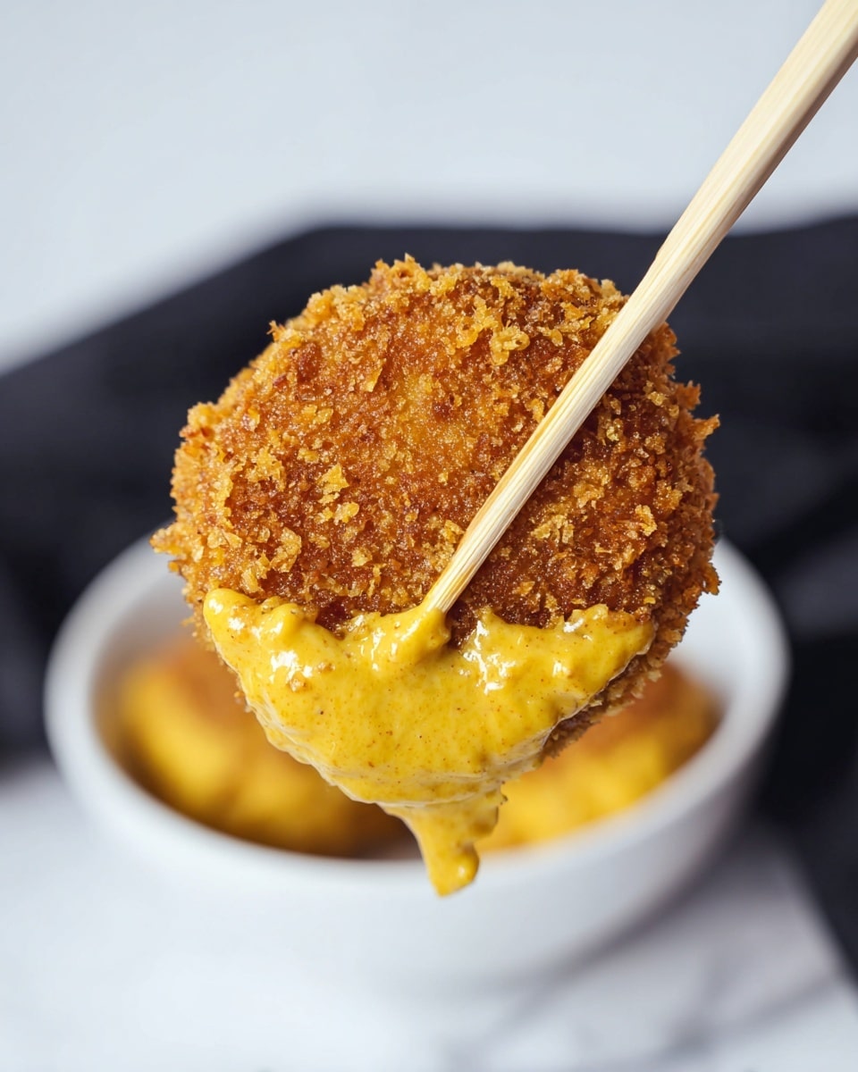 A close-up image of a single round fried snack with a rough, crispy, golden-brown crust held by light wooden chopsticks, showing a thick layer of creamy, mustard-yellow sauce oozing from the bottom edge; the background features a blurred white bowl and a dark cloth on a white marbled surface. Photo taken with an iphone --ar 4:5 --v 7