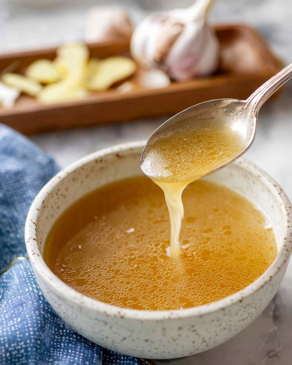 A close-up image shows a large spoon pouring a light golden clear broth into a white speckled bowl filled with the same broth. The broth looks smooth and slightly bubbly. In the blurred background, there is a wooden tray with garlic cloves and some sliced ginger, resting on a white marbled surface with a blue dotted cloth nearby. Photo taken with an iphone --ar 4:5 --v 7