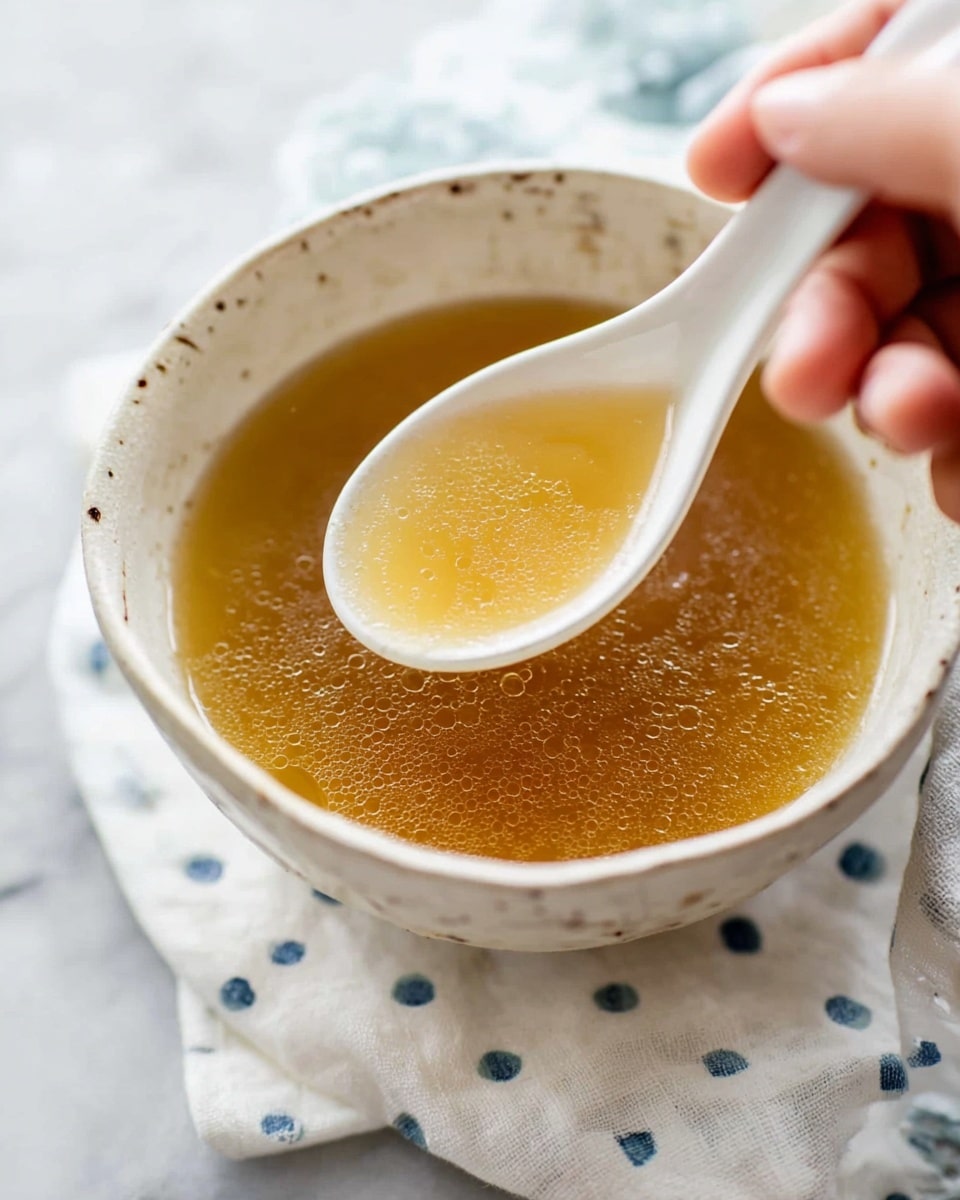 A close-up image of a bowl filled with clear golden broth showing small bubbles on the surface. The bowl is white with a slightly rough texture and speckled with faint brown spots, holding the broth that looks light and smooth. A white spoon with a rounded tip is dipped in the broth, held by a woman's hand, lifting some of the liquid. The bowl rests on a white cloth with light blue polka dots, set on a white marbled surface. Photo taken with an iphone --ar 4:5 --v 7