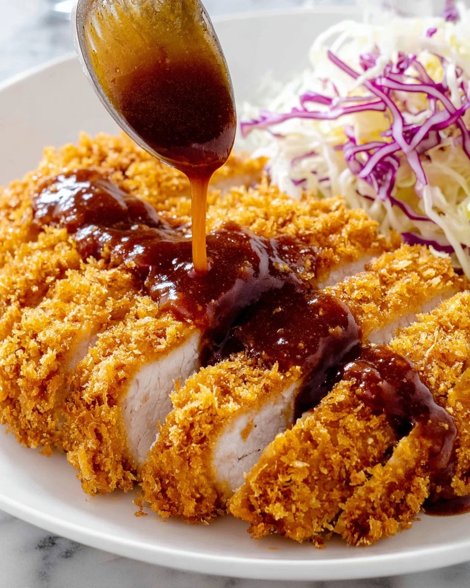 The image shows a close-up of a sliced fried chicken cutlet with a thick, golden brown, crispy crust covering the white meat inside. A spoon drizzles a rich, dark brown sauce over the crispy chicken slices. Behind the chicken, there is a small pile of shredded cabbage with purple and white strands, adding color contrast. All the food is arranged on a white plate set on a white marbled surface. photo taken with an iphone --ar 4:5 --v 7
