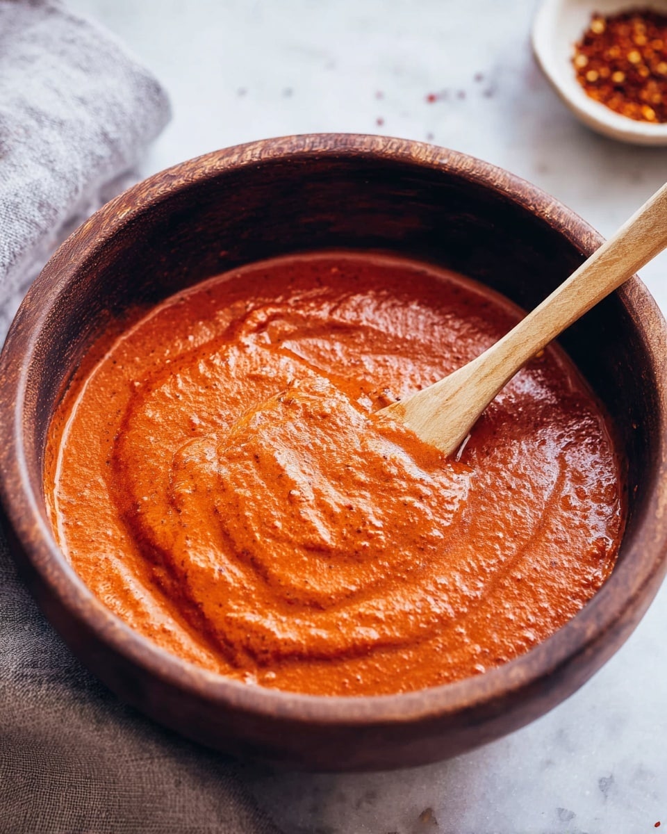 A close-up of a single thick layer of smooth, rich, reddish-orange sauce with a slightly textured surface, filling a dark wooden bowl. A thin wooden spoon rests on the right side inside the bowl, partially dipped in the sauce. The bowl sits on a white marbled textured surface with parts of a light gray cloth visible on the left side, and a small white bowl with red spices is blurred in the background on the top right. Photo taken with an iphone --ar 4:5 --v 7