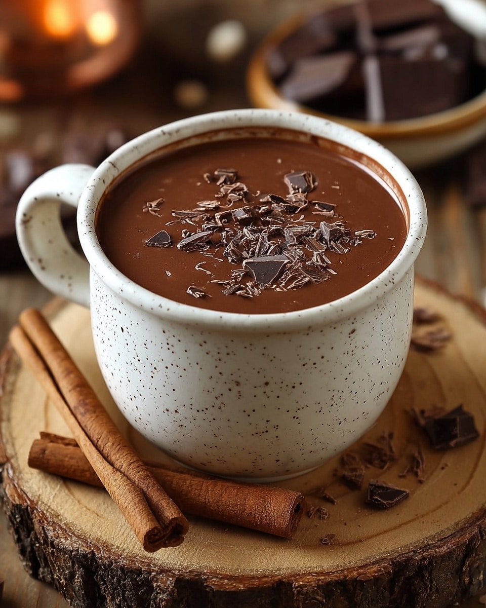 A white speckled enamel mug filled with thick, smooth dark brown hot chocolate, topped with small chunks and shavings of chocolate scattered on the surface. The mug sits on a round wooden slice with two cinnamon sticks placed nearby on the wooden table. The background is softly blurred with warm, cozy lighting and chocolate pieces visible in a bowl. Photo taken with an iphone --ar 4:5 --v 7