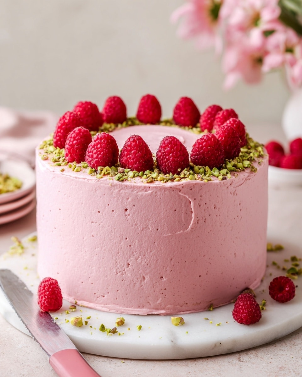 A smooth, round cake with three layers is covered in a thick pink frosting that is evenly spread around the sides and top. On the top, there is a circle of fresh red raspberries placed evenly near the edge with a sprinkle of chopped green pistachios inside the ring. The cake sits on a white marble board. Around the cake are scattered pistachio pieces and raspberries, and a knife with pink frosting on its blade lies nearby. In the background, there are soft pink flowers. The photo taken with an iphone --ar 4:5 --v 7