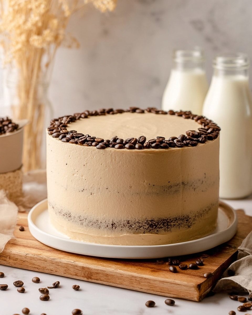 A tall round cake with three visible layers covered in smooth light brown coffee-flavored frosting, showing faint dark cake layers through the frosting near the bottom and middle. The top of the cake is flat and decorated with a circle of whole roasted coffee beans around the edge. The cake sits on a white plate placed on a wooden board with some coffee beans scattered around. The background shows two bottles of milk and a soft beige tone with dried plants, all set on a white marbled surface. photo taken with an iphone --ar 4:5 --v 7