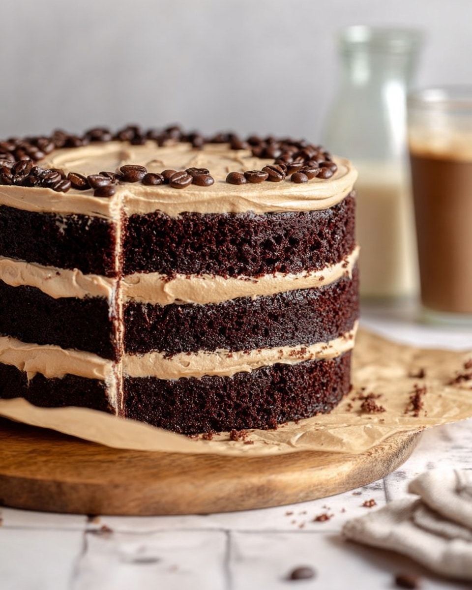 The image shows a three-layer chocolate cake with light brown frosting between each rich, dark chocolate layer, and on the top. The cake has chocolate coffee beans sprinkled on the flat top layer. It sits on a piece of parchment on a wooden board, with some crumbs and frosting smudges around the base. In the blurred background, there are two glass bottles, one smaller and one larger. The surface beneath has a white marbled texture. photo taken with an iphone --ar 4:5 --v 7