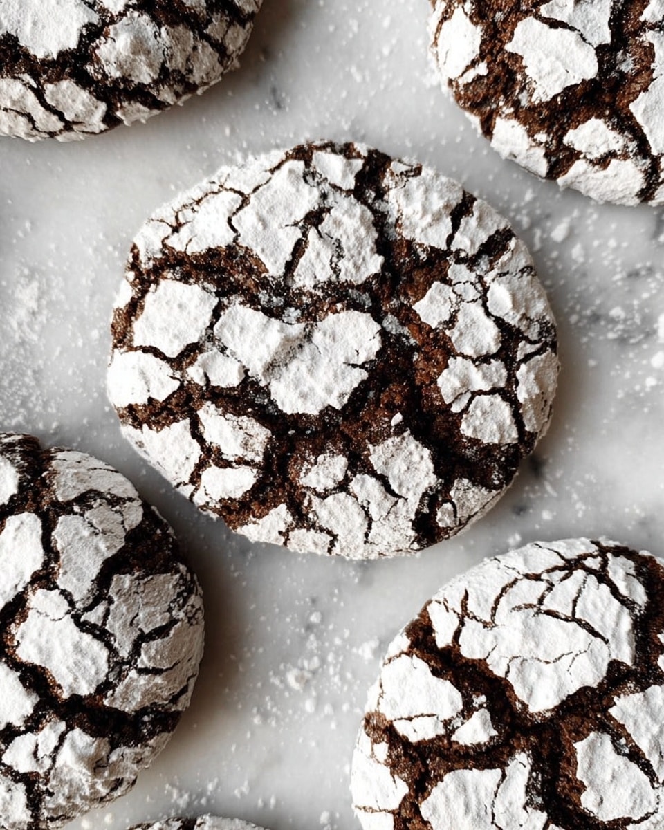 A close-up view of round chocolate crinkle cookies with a cracked surface showing deep dark brown color beneath a thick layer of white powdered sugar, creating a striking contrast; the cookies are placed on a white marbled textured surface, each cookie showing a unique pattern of cracks with rough, uneven edges. photo taken with an iphone --ar 4:5 --v 7