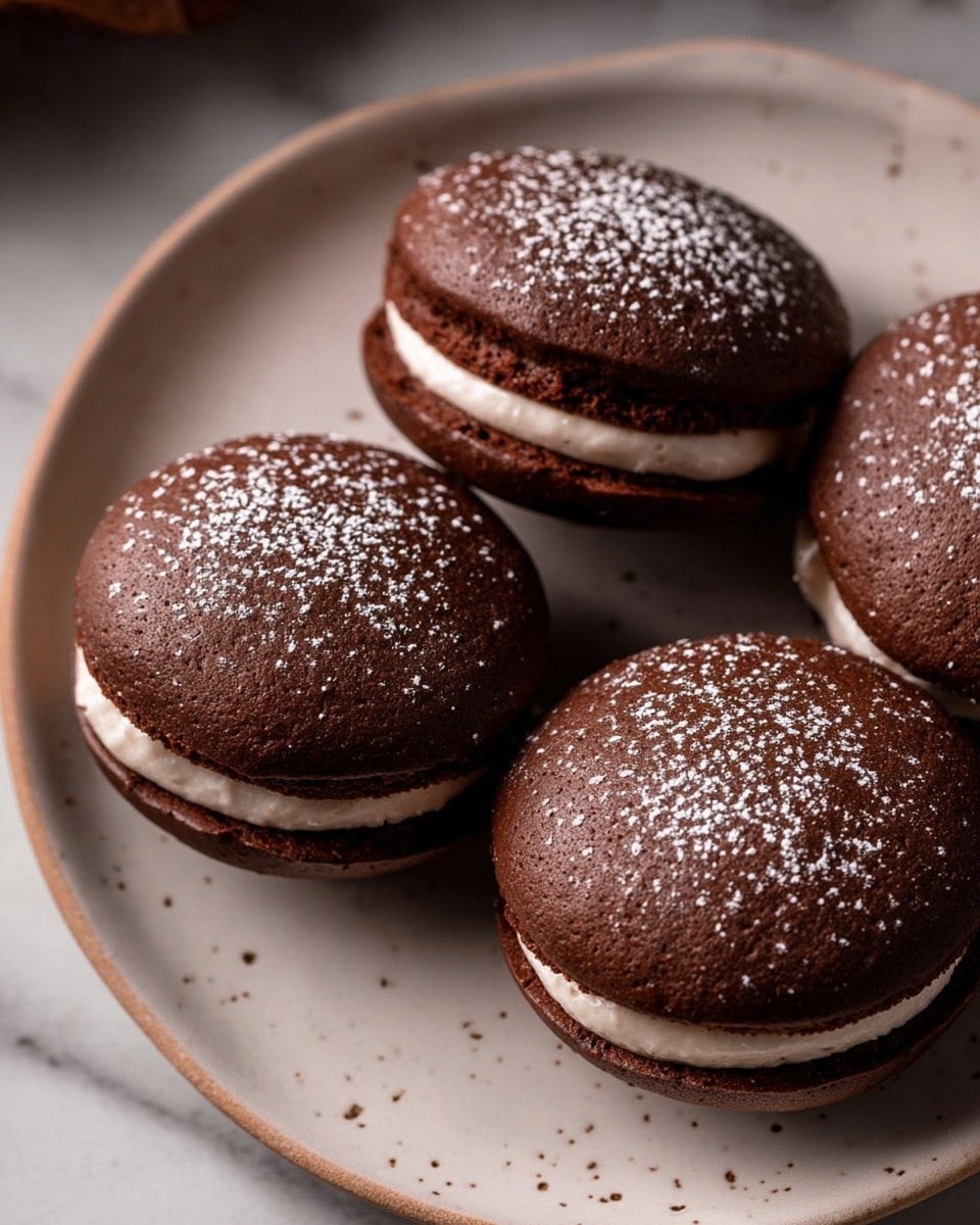 Four round chocolate cookies are placed on a white plate with subtle speckled dots. Each cookie consists of two dark brown outer layers with a smooth, matte texture and a thin layer dusted with powdered sugar. Between these layers is a thick, light brown creamy filling strip visible through a clean horizontal cut across the middle of each cookie. The white marbled surface underneath the plate adds a bright, clean contrast to the rich colors of the cookies. photo taken with an iphone --ar 4:5 --v 7