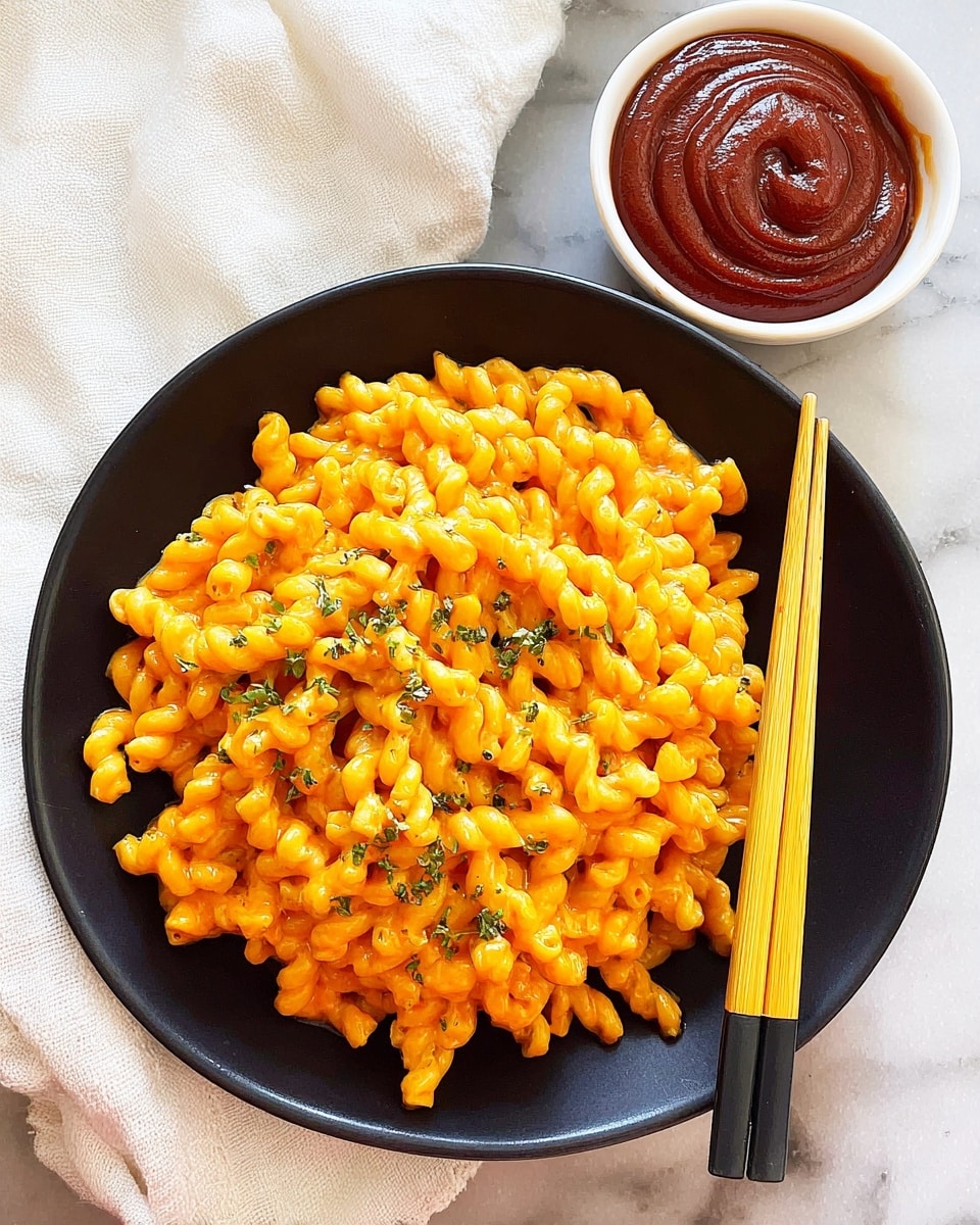 A black round plate is filled with bright orange curly pasta coated in a creamy sauce, garnished with small green herb pieces scattered on top. To the right of the plate, a pair of yellow and black chopsticks rest diagonally with their tips pointing toward the pasta. Beside the plate is a small white bowl containing thick, dark red sauce with a swirl pattern on its surface. The setting has a soft white marbled texture beneath the plate and bowl with white cloth partially visible in the upper left corner. photo taken with an iphone --ar 4:5 --v 7