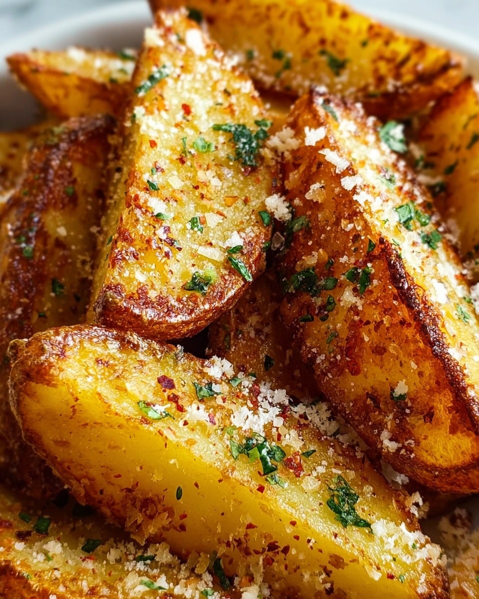 A close-up view of several golden-brown potato wedges piled together, each wedge showing a crispy textured outer skin and soft yellow inside. The wedges are sprinkled with finely grated white cheese, reddish spices, and small green herb pieces evenly spread on top. The background is a white marbled texture, making the colors of the potato wedges stand out vividly. Photo taken with an iphone --ar 4:5 --v 7
