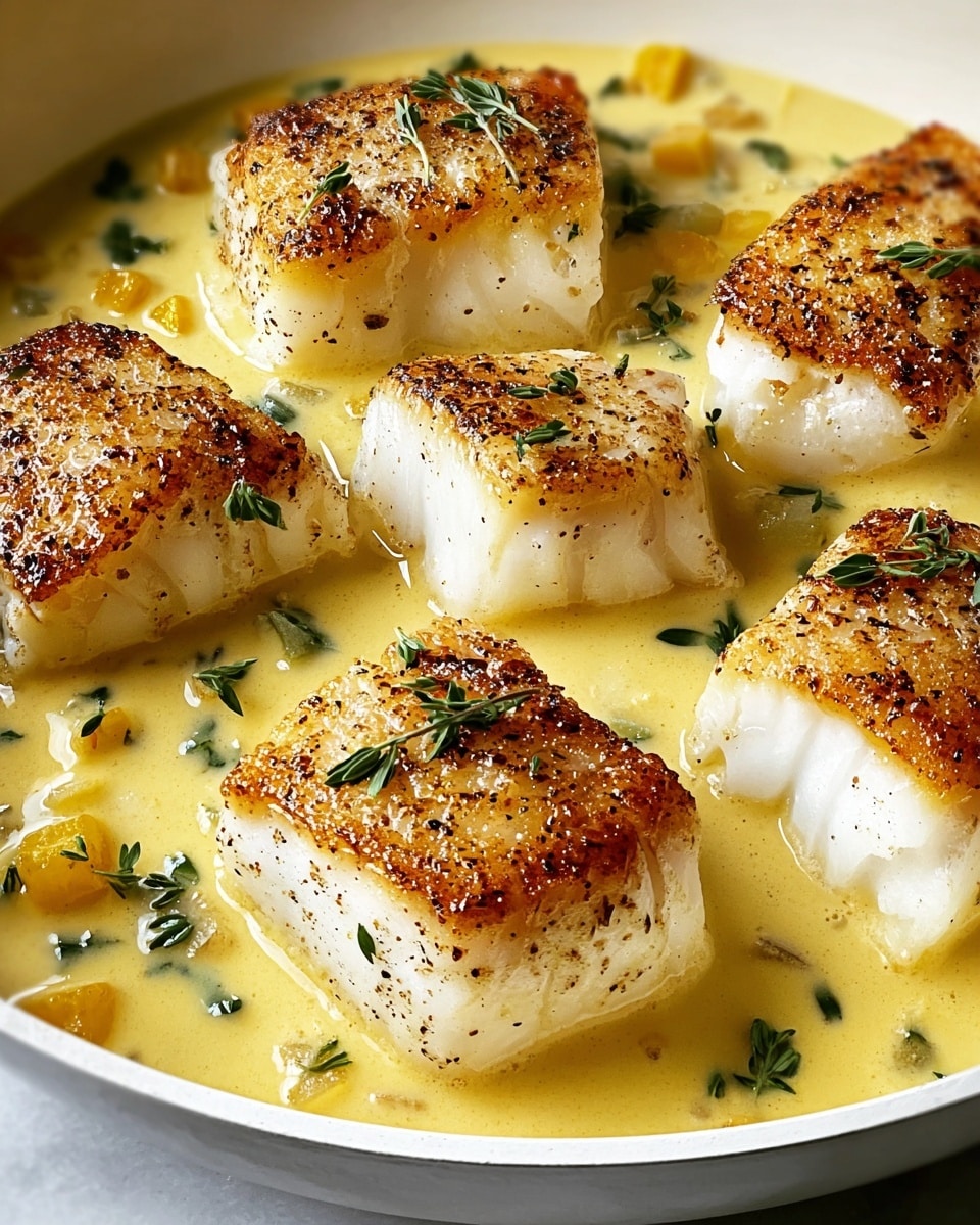 This image shows six pieces of lightly browned and seasoned seared fish with a crispy golden-brown top layer and a firm white flaky texture beneath. The fish pieces are sitting in a creamy yellow sauce mixed with small chunks of yellow vegetables and garnished with small green herb leaves scattered on top and in the sauce. The dish is presented closely inside a white pan with smooth edges, sitting on a white marbled surface. photo taken with an iphone --ar 4:5 --v 7