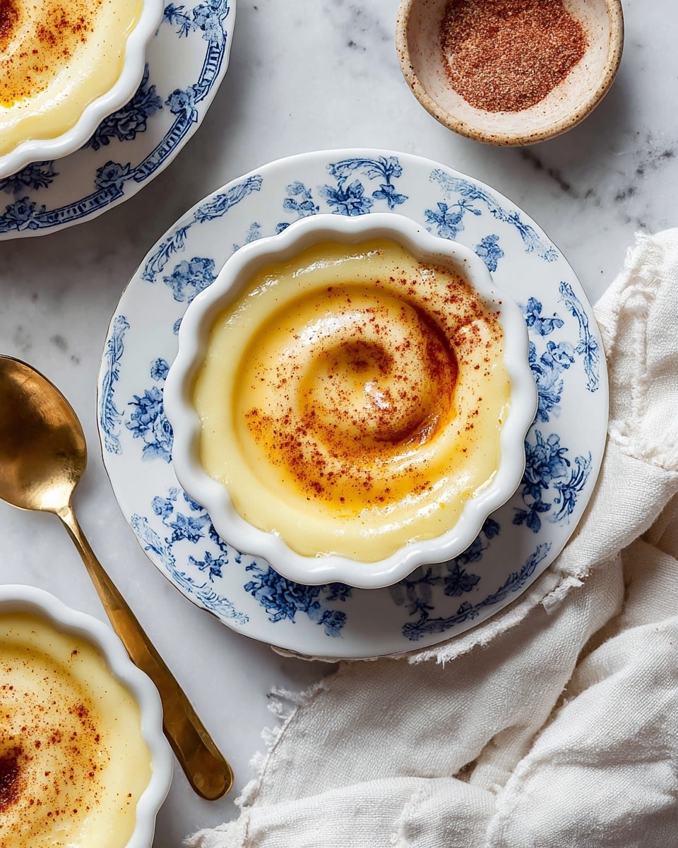 The image shows a creamy dessert served in a white scalloped bowl placed on a white plate with blue floral patterns. The dessert has two main layers: the smooth, pale yellow custard base, and a top layer of glossy melted butter or syrup swirled in the center, sprinkled lightly with a reddish-brown powder, likely cinnamon or nutmeg. The dessert bowls are set on a white marbled surface, with a golden spoon nearby and a small bowl of reddish powder partially visible in the corner. A white cloth with subtle stitching is draped to the side, adding softness to the scene. Photo taken with an iphone --ar 4:5 --v 7